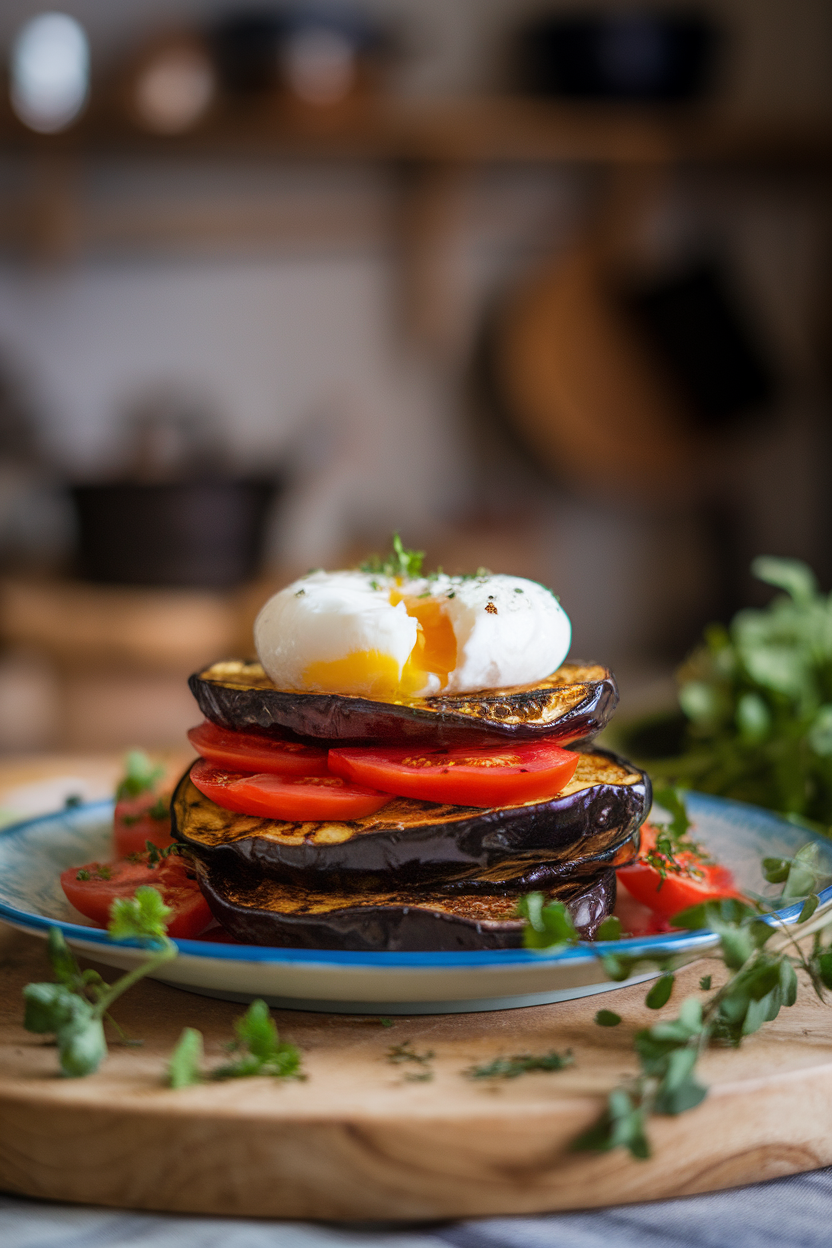 Indoor plate photo of grilled eggplant rounds stacked with tomato slices and a poached egg on top, no text or logos.