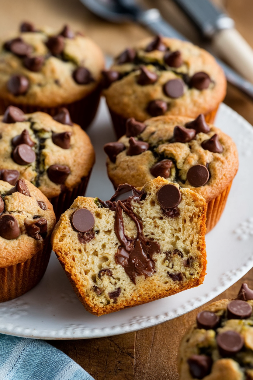 Indoor photo of sliced zucchini chocolate chip muffins on a white ceramic platter, melty chocolate visible, no text or logos