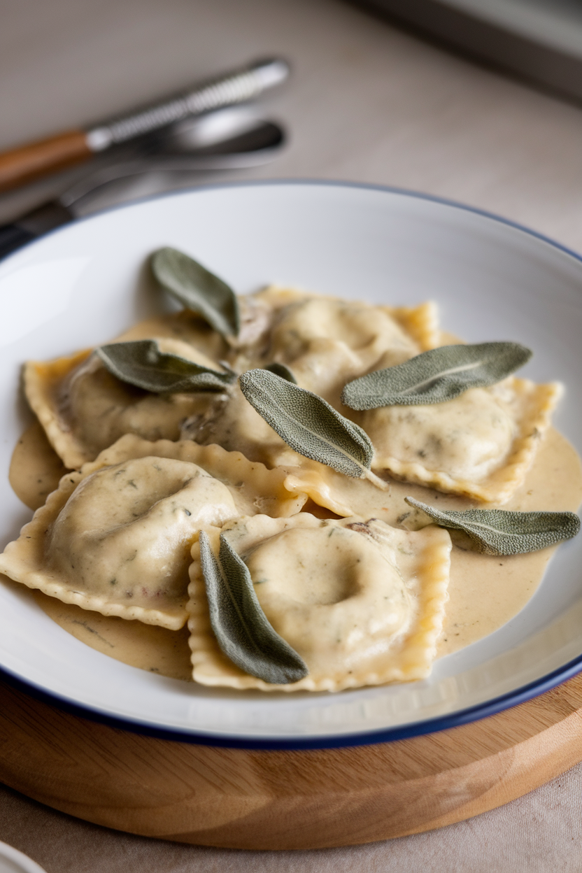 Indoor dining plate showing plump ravioli coated in pale sage cream sauce, garnished with crispy sage leaves. No text or logos. Photo only.