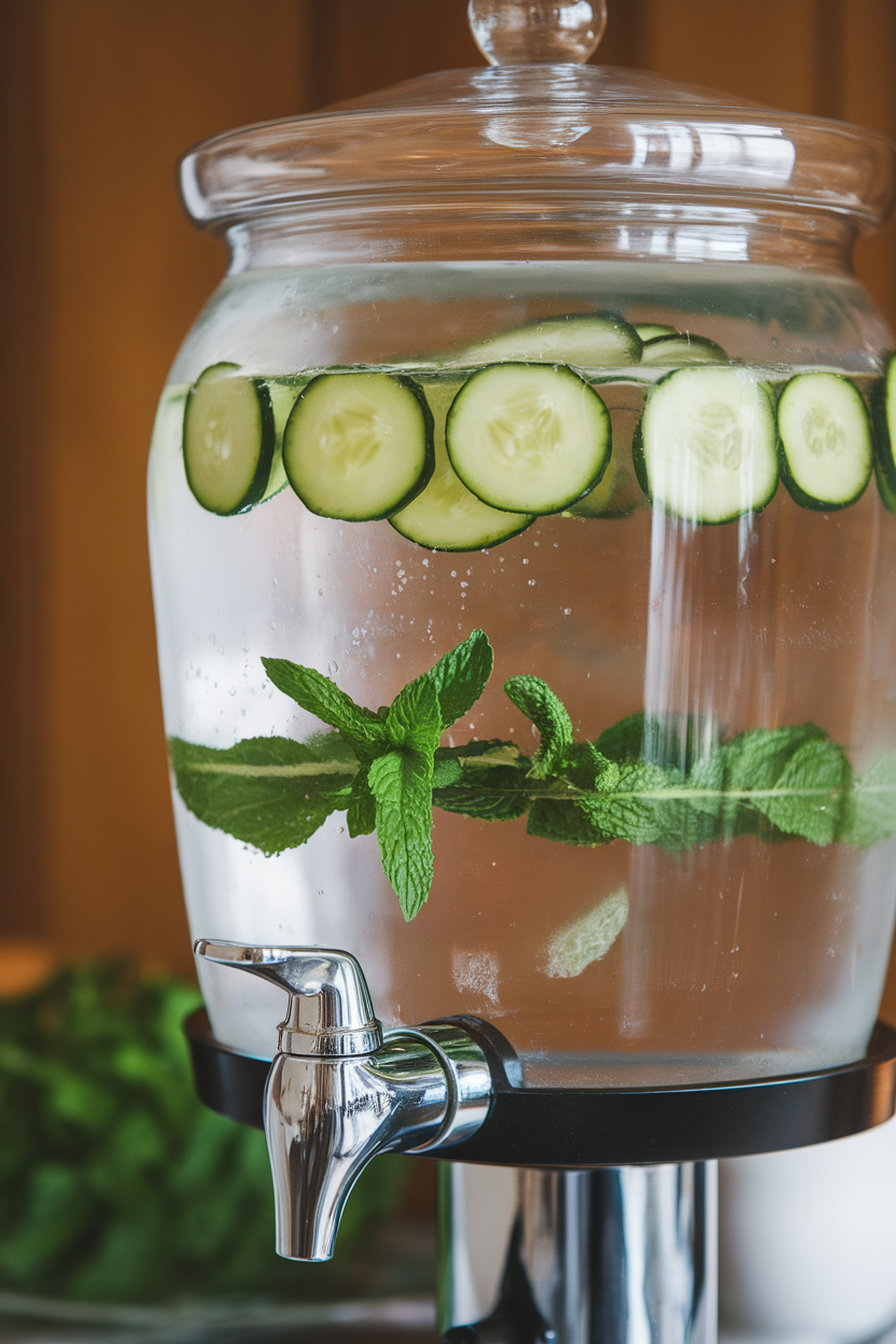 Indoor photo of a glass beverage dispenser with floating cucumber rounds and mint sprigs in chilled water, spigot visible. No text or logos.