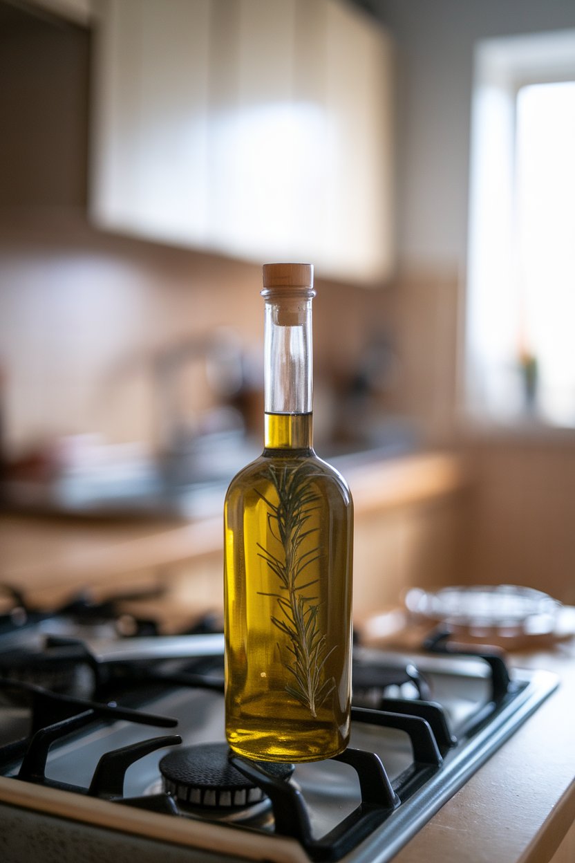 Photo of a clear glass bottle of olive oil with a sprig of rosemary floating inside, placed on a stovetop counter indoors. Soft lighting, no text or logos.