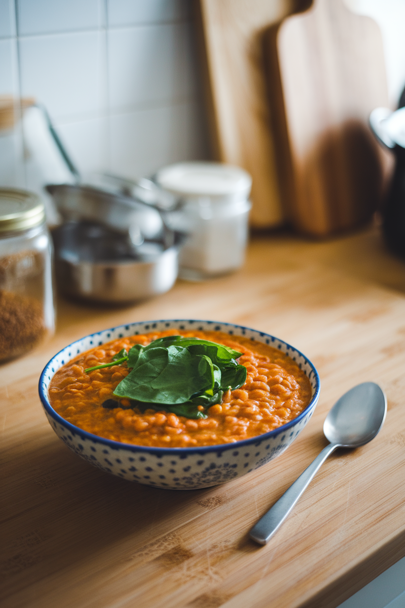 An indoor kitchen counter featuring a bowl of thick, orange-hued lentil coconut curry dotted with bright green spinach leaves, accompanied by a spoon. No text or logos in frame. Photo only.