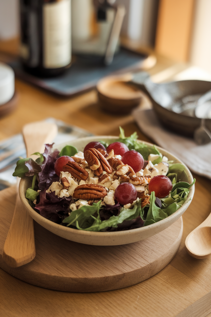 Photo of an indoor dining table with a shallow bowl of mixed greens topped with roasted red grapes, crumbled gorgonzola, and toasted pecans. No logos or text.