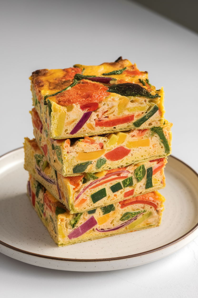 Indoor photo of colorful veggie frittata cut into neat squares, stacked slightly on a white plate. No branding or text in scene.