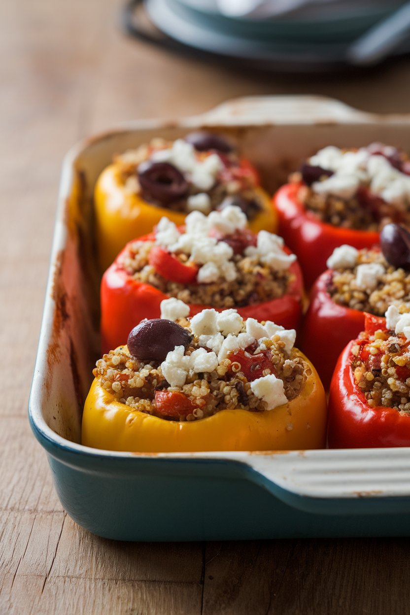 A baking dish on an indoor table containing bell peppers filled with quinoa, olives, tomatoes, and crumbled feta, topping slightly browned. No text or logos. Photo.