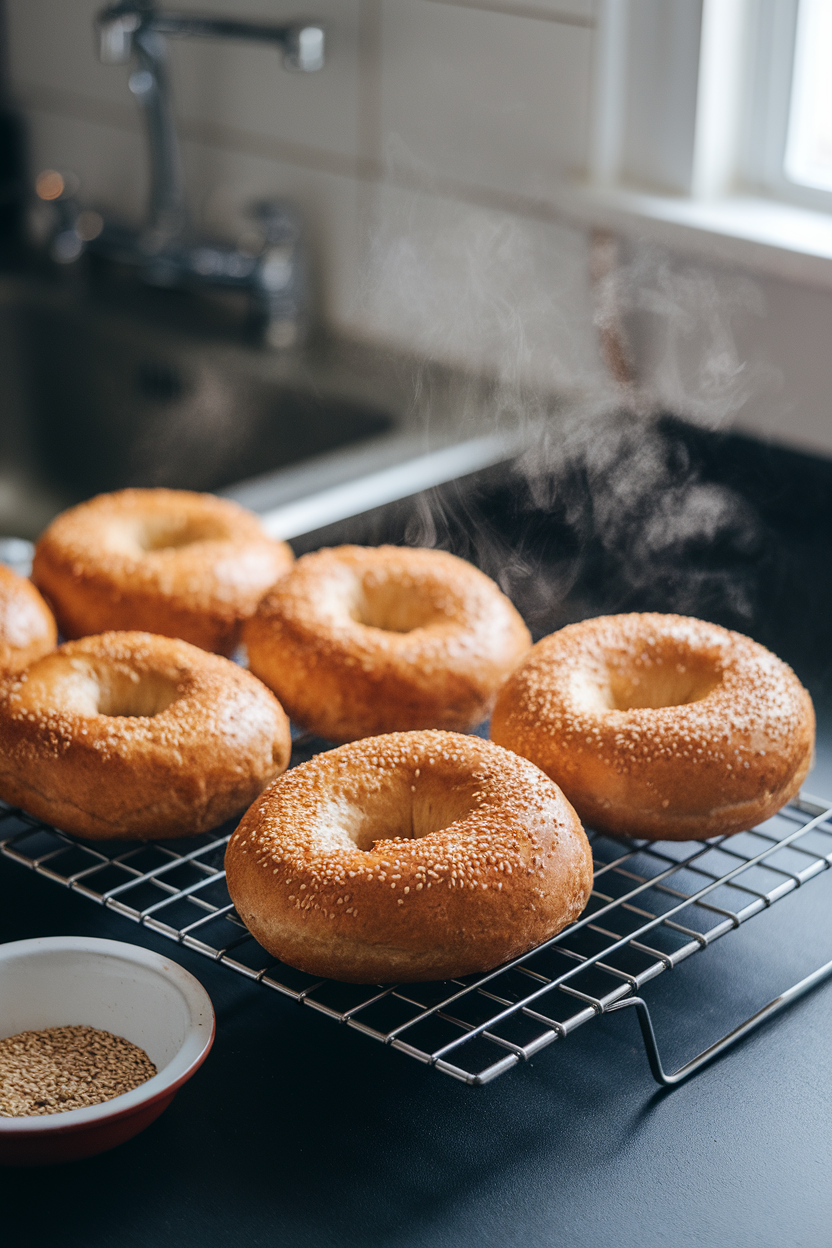 An indoor cooling rack with shiny boiled-then-baked rye bagels, light steam rising, a small bowl of sesame seeds in view. No text or logos. Photo only.