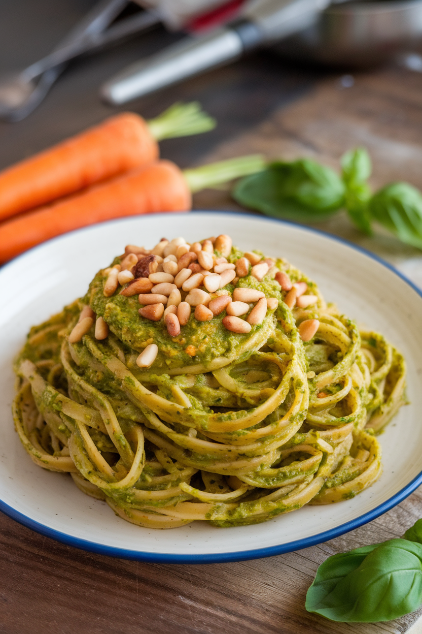 An indoor plate of linguine coated in bright green carrot-top pesto, toasted pine nuts scattered on top. This should be a photo, not an illustration. No text or logos anywhere in the scene.