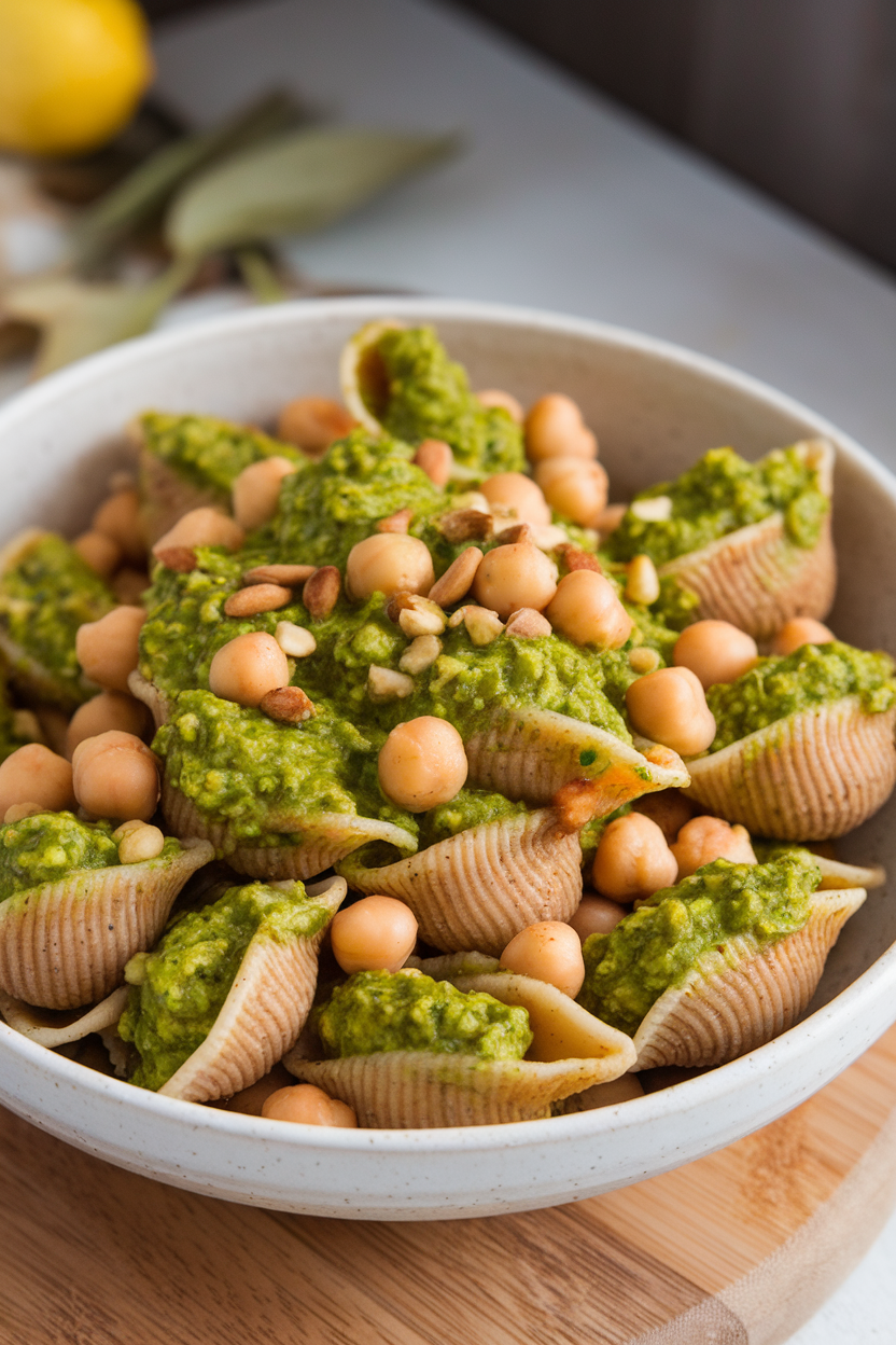 An indoor bowl of whole-grain pasta shells tossed with chickpeas and bright green pesto sauce. No text or logos. Photo only.