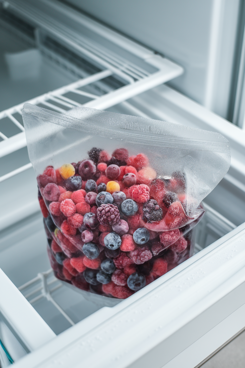 Indoor freezer drawer pulled out to reveal a clear bag of colorful frozen berry mix, frost crystals visible; no text or logos. Photo.