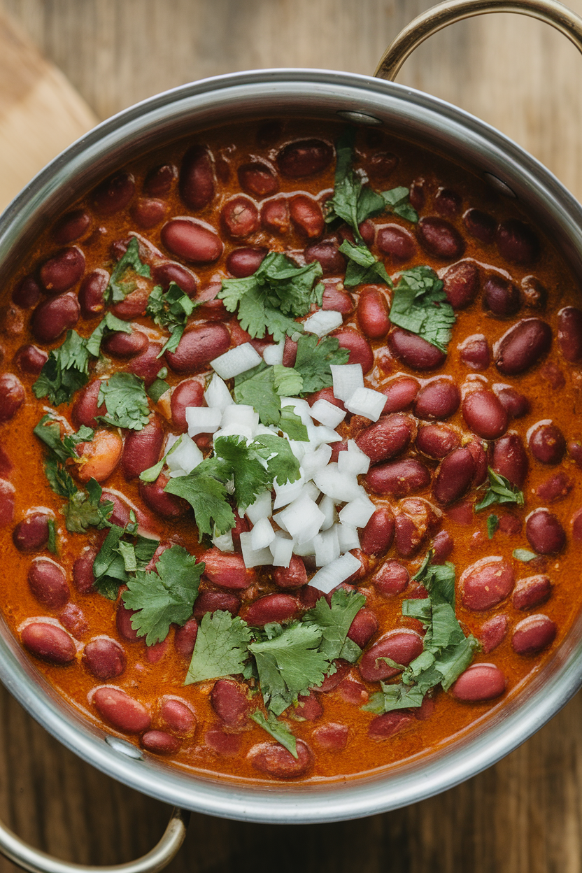 Photo prompt: An indoor image of red kidney-bean curry in a steel handi, topped with chopped onion and cilantro. No text or logos visible.