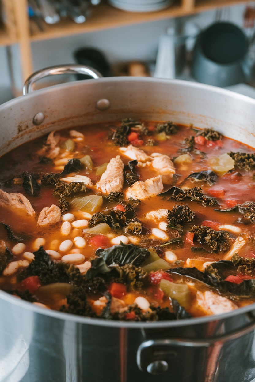 An indoor soup pot of hearty stew showing chicken chunks, kale ribbons, white beans, and diced tomatoes. No text or logos. Photo only.
