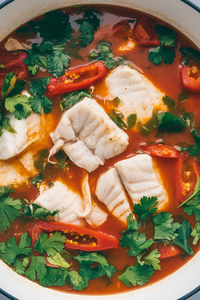 Indoor photo of cooked white fish chunks in tomato coconut broth with peppers and cilantro, no raw fish, no text or logos.