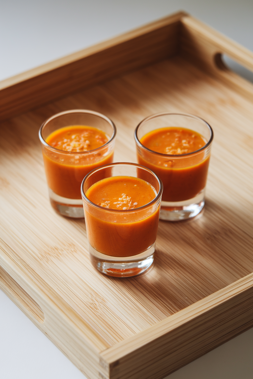 Small shot glasses filled with bright orange carrot ginger soup on an indoor tray. No text or logos.