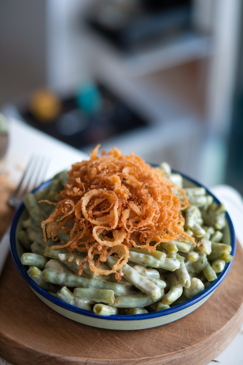 Indoor photo of a shallow dish filled with creamy green beans and crispy fried onion topping, no text or logos