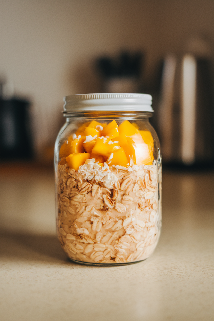 A jar on an indoor countertop showing creamy oats flecked with coconut flakes and topped with diced mango; soft morning light, no logos.