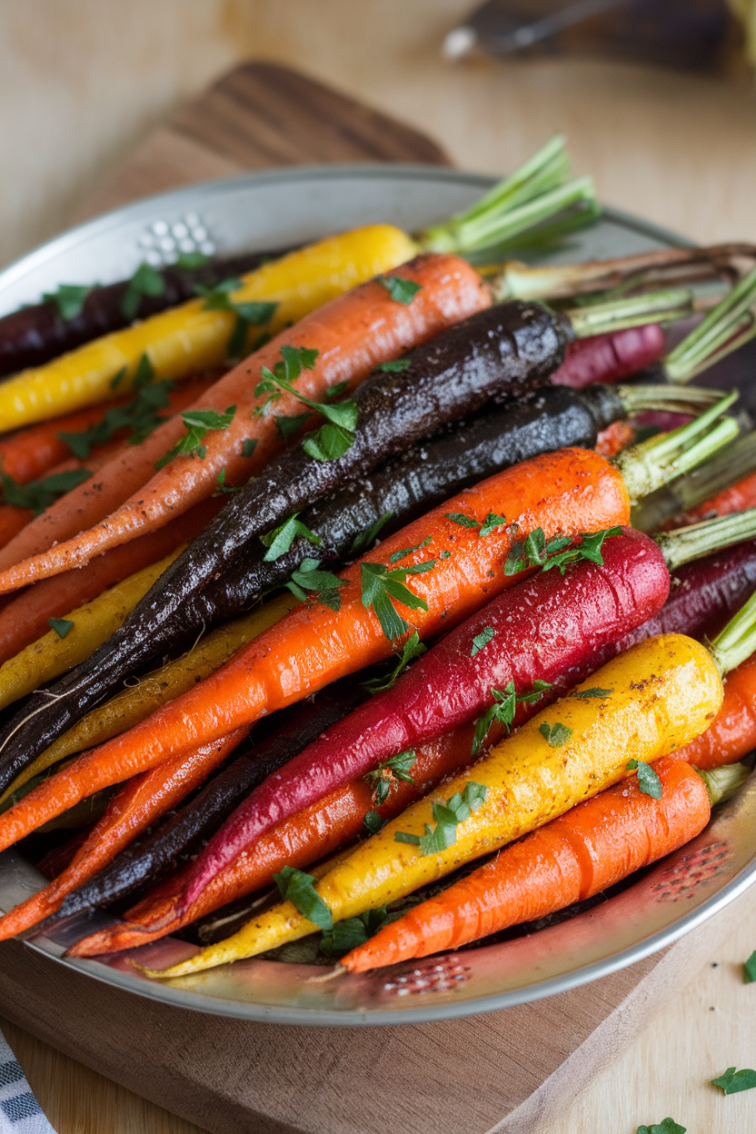 An indoor serving platter lined with multi-colored roasted carrots glazed with orange juice and sprinkled with chopped parsley. This should be a photo, not an illustration. No text or logos anywhere in the scene.