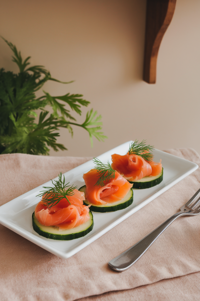A white rectangular plate indoors featuring cucumber rounds topped with smoked salmon ribbons and fresh dill. Photo, no text or logos.