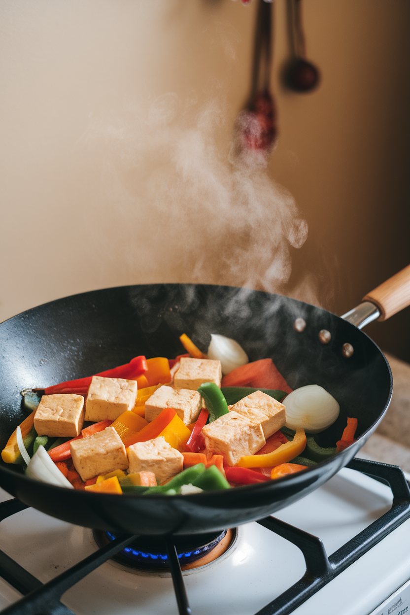 An indoor stovetop scene where a wok holds colorful vegetables and golden tofu cubes, steam rising. No text or logos visible.