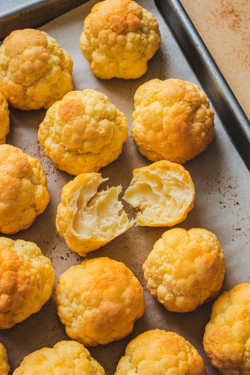 An indoor baking tray of round, golden cauliflower cheese puffs, one broken open to reveal airy interior. No text or logos anywhere.