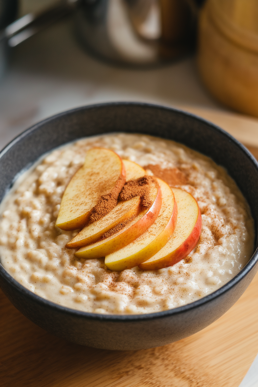 Indoor bowl photo of creamy steel-cut oats topped with sautéed apple slices and a dusting of cinnamon, no text or logos.