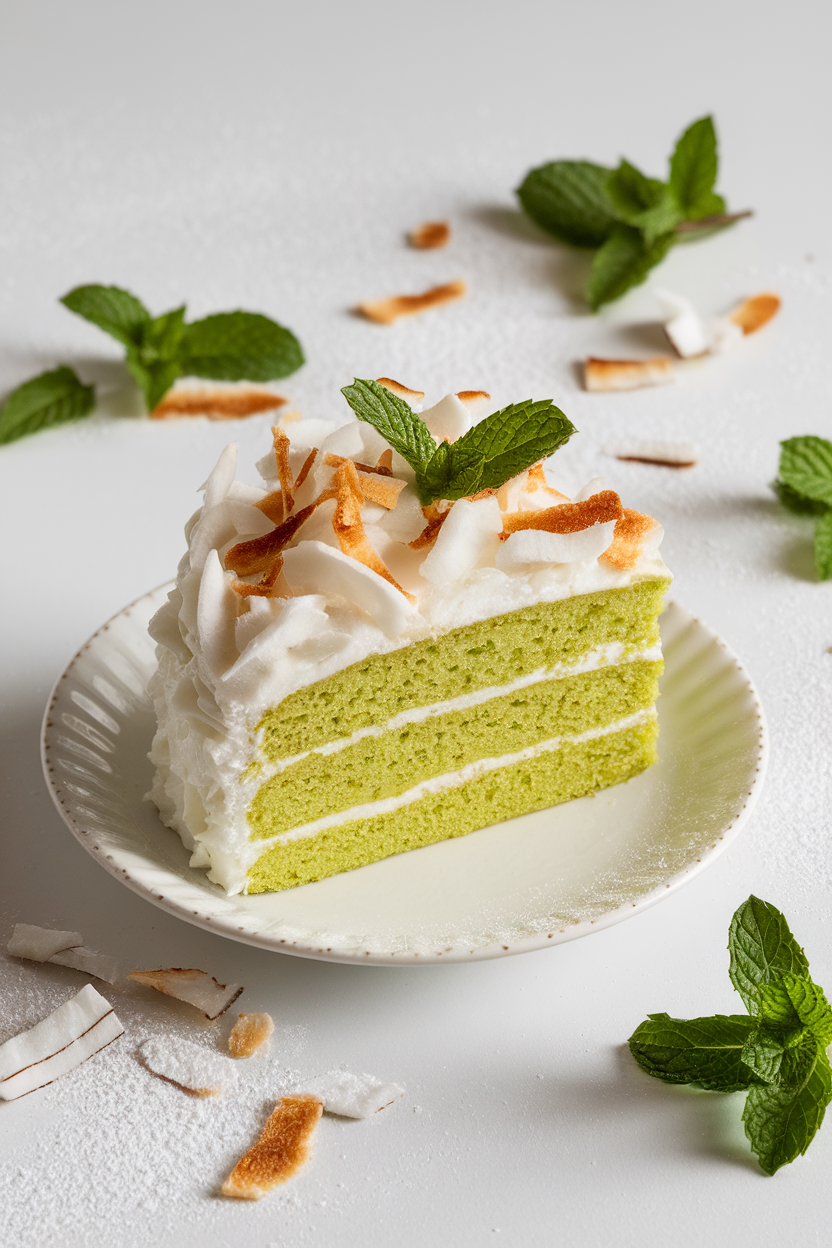An indoor Southeast Asian dessert scene with a bright green pandan cake slice, fluffy coconut frosting, and toasted coconut chips. No text or logos. Photo, not illustration.