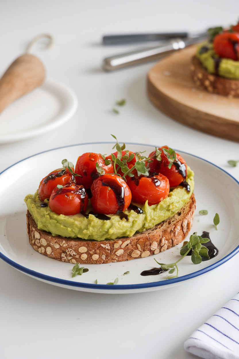 Indoor plate showing whole-grain toast topped with mashed avocado and balsamic-glazed cherry tomatoes, no text or logos