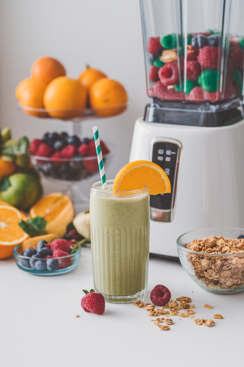 Indoor blender station featuring a tall glass of vibrant green smoothie garnished with an orange slice; no text or logos, photo style.