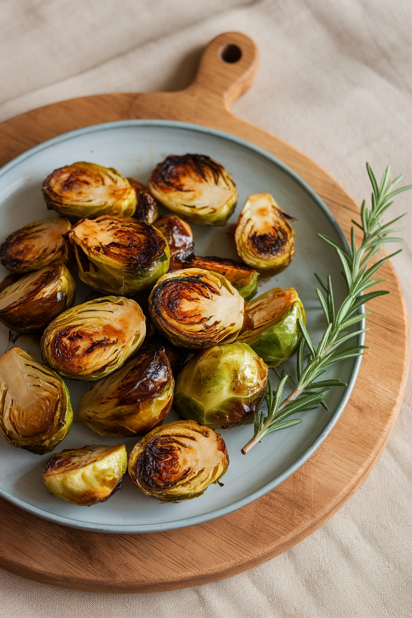 A serving platter indoors featuring halved Brussels sprouts caramelized with a maple glaze, slight char on edges. No text or logos. Photo only.
