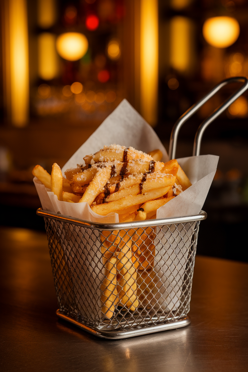 Photo of an indoor parchment-lined metal basket piled high with golden fries dusted in Parmesan and a light drizzle of truffle oil; warm bar-style lighting, no text or logos