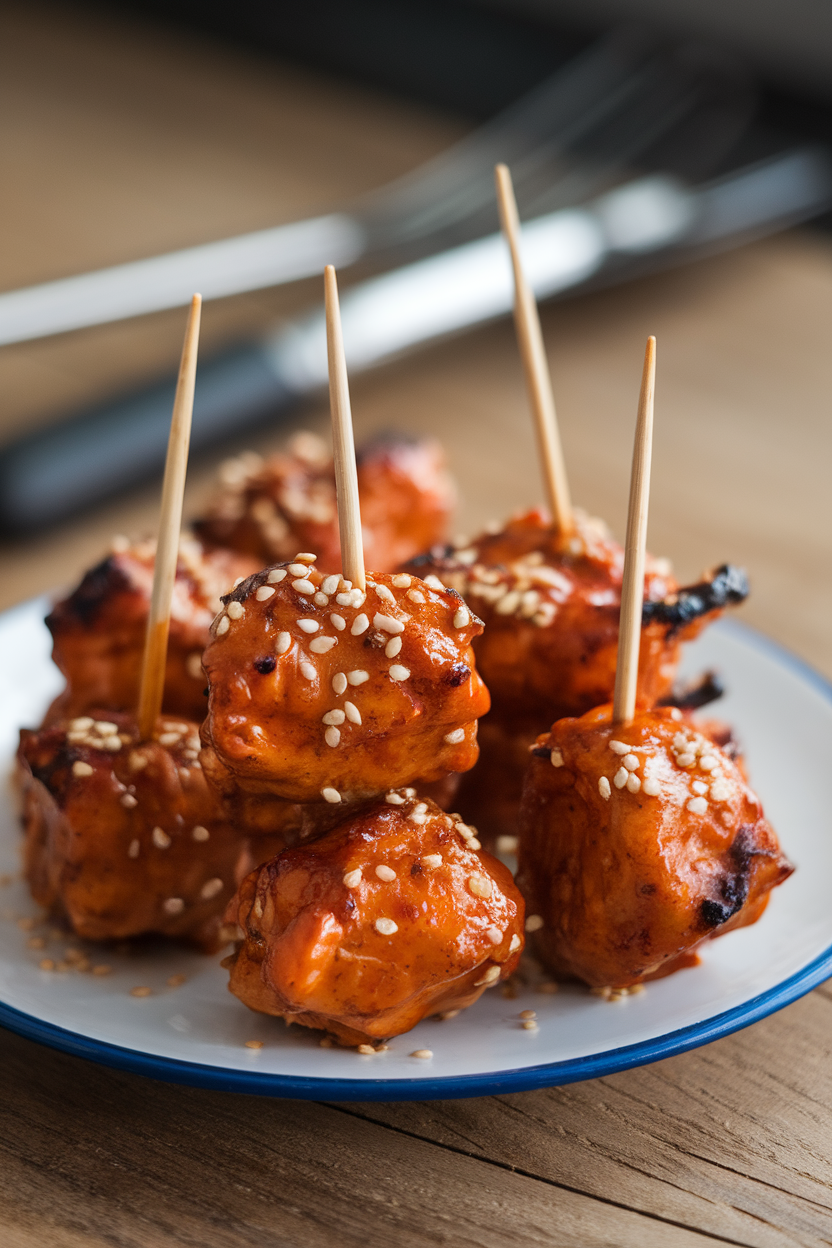 Photo prompt: An indoor plate of glazed chicken tikka bites skewered with toothpicks, lightly charred edges, garnished with sesame seeds. No text or logos.