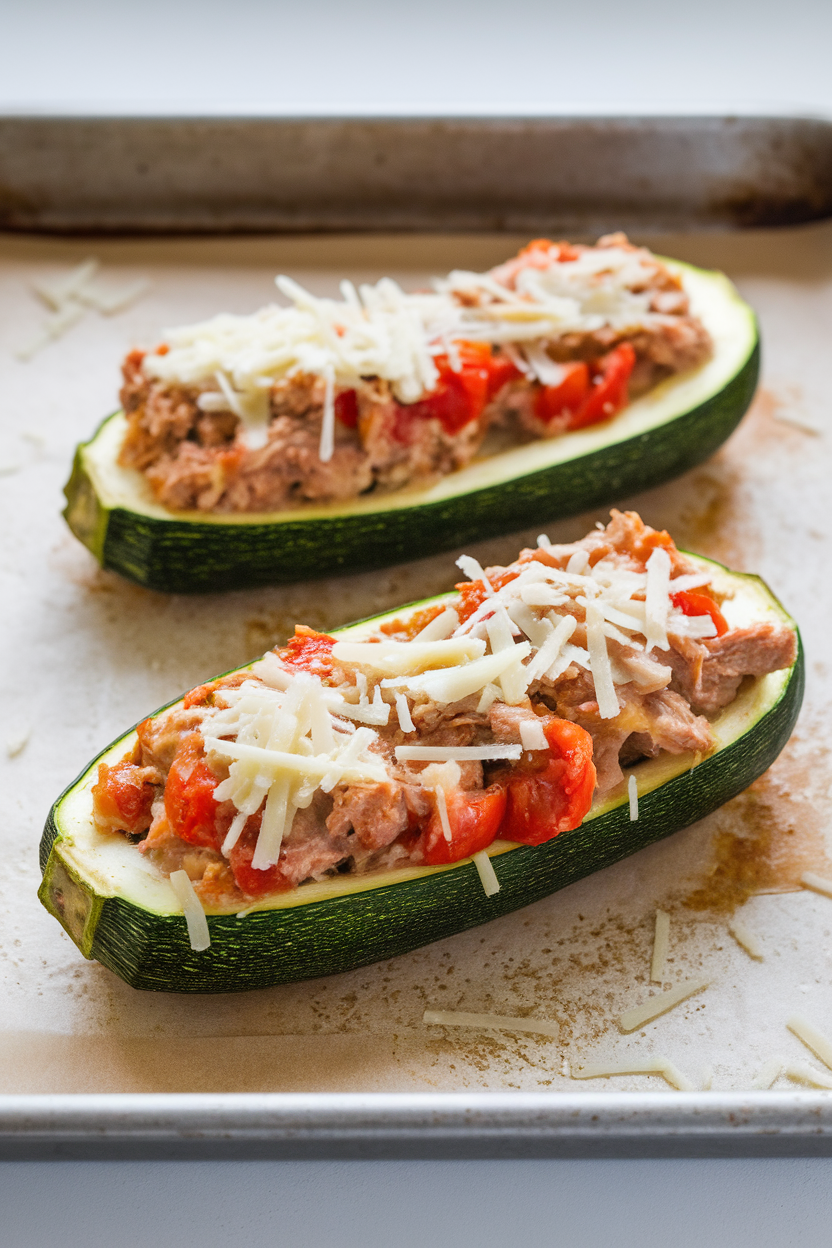 An indoor baking tray showing two zucchini halves filled with turkey tomato mixture, lightly browned cheese on top. No text or logos.