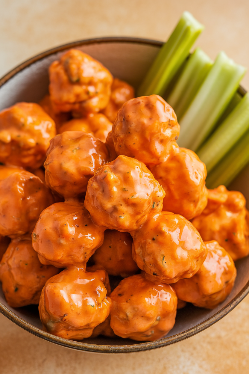 Photo of an indoor bowl brimming with glazed buffalo chicken meatballs, celery sticks on the side, orange glaze gleaming; no text or logos present.