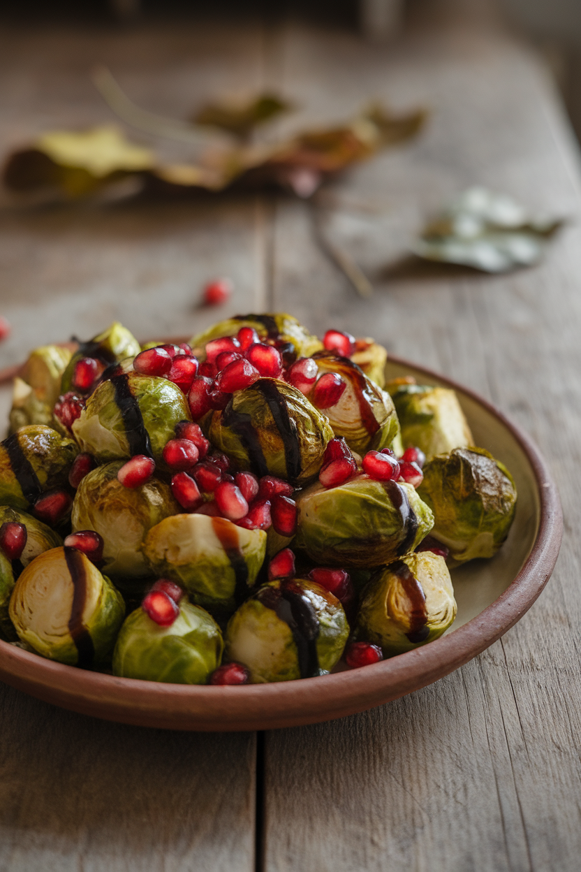 Photo of an indoor ceramic platter holding roasted Brussels sprouts sprinkled with bright pomegranate seeds and a drizzle of balsamic. No text or logos included.