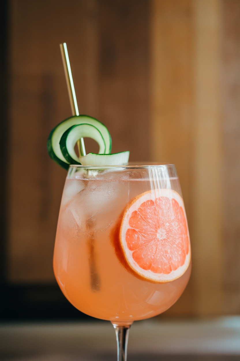 Indoor photo of Collins glass with blush grapefruit mocktail, cucumber ribbon swirl, tall ice spear; no text or logos.