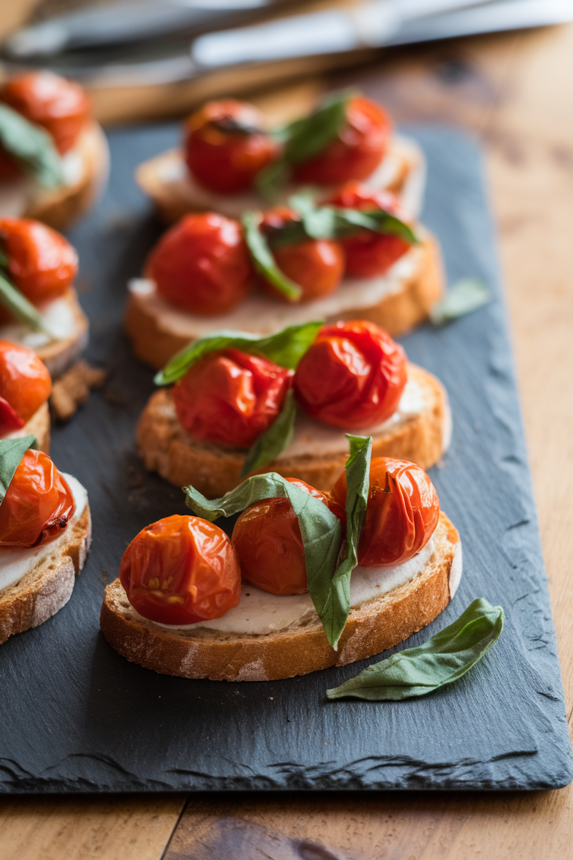 Indoor photo of whole-grain crostini topped with roasted cherry tomatoes and torn basil, arranged on a slate board; side lighting, no text or logos