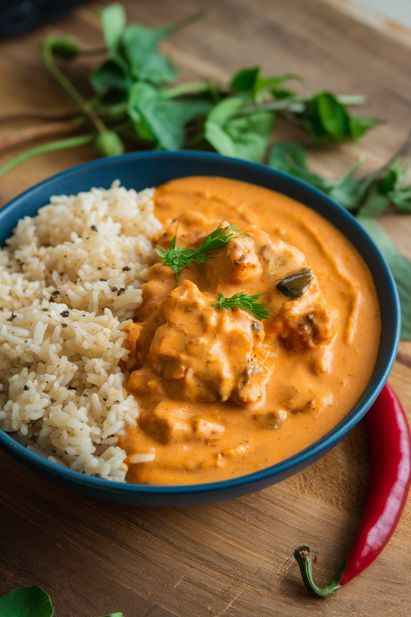 Indoor photo of a bowl of creamy orange turkey tikka masala with steamed brown basmati rice, no text or logos.