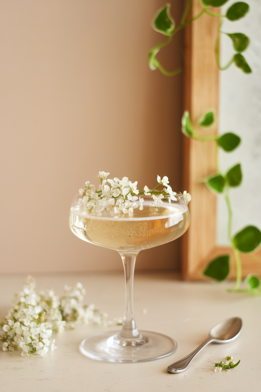 A chic indoor bar displaying a coupe of pale gold Champagne with tiny elderflower blossoms sprinkled on top. Photo, not illustration. No text or logos.