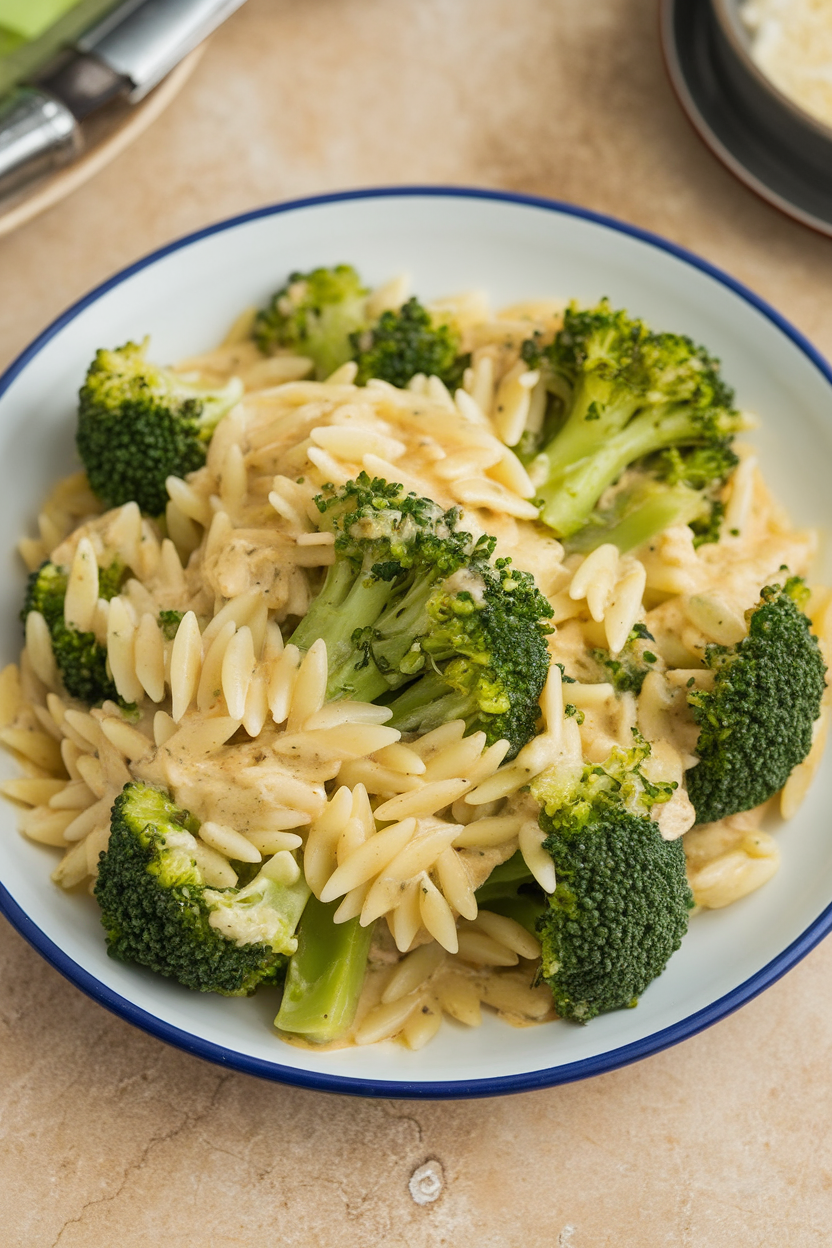 Photo of an indoor plate containing orzo pasta mixed with tender broccoli florets, coated in a light lemon garlic sauce. No text or logos present.