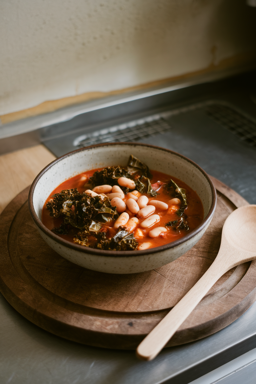 An indoor kitchen counter with a rustic bowl of stew featuring wilted kale and white beans in tomato broth. Photo, no text or logos.