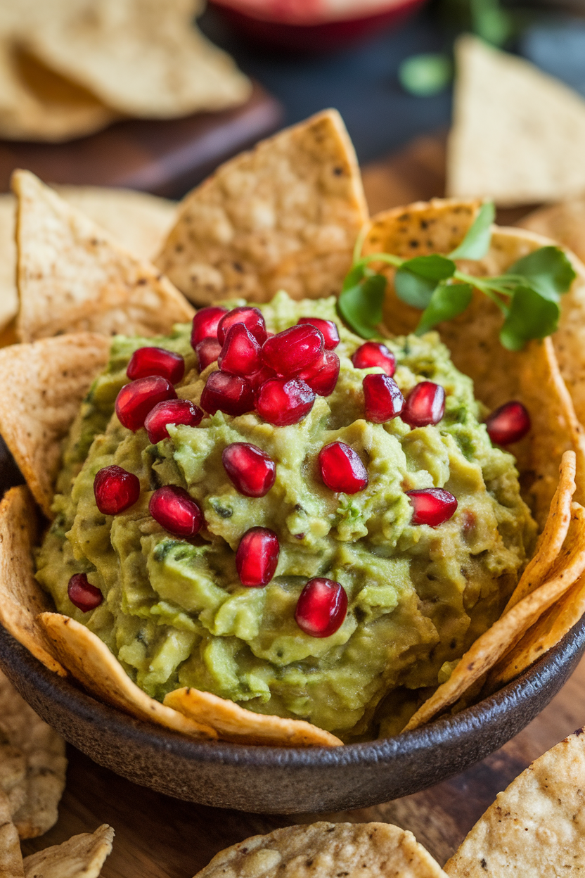 Indoor photo of a rustic bowl of chunky guacamole studded with ruby pomegranate seeds, surrounded by baked whole-grain tortilla chips. No branding visible.
