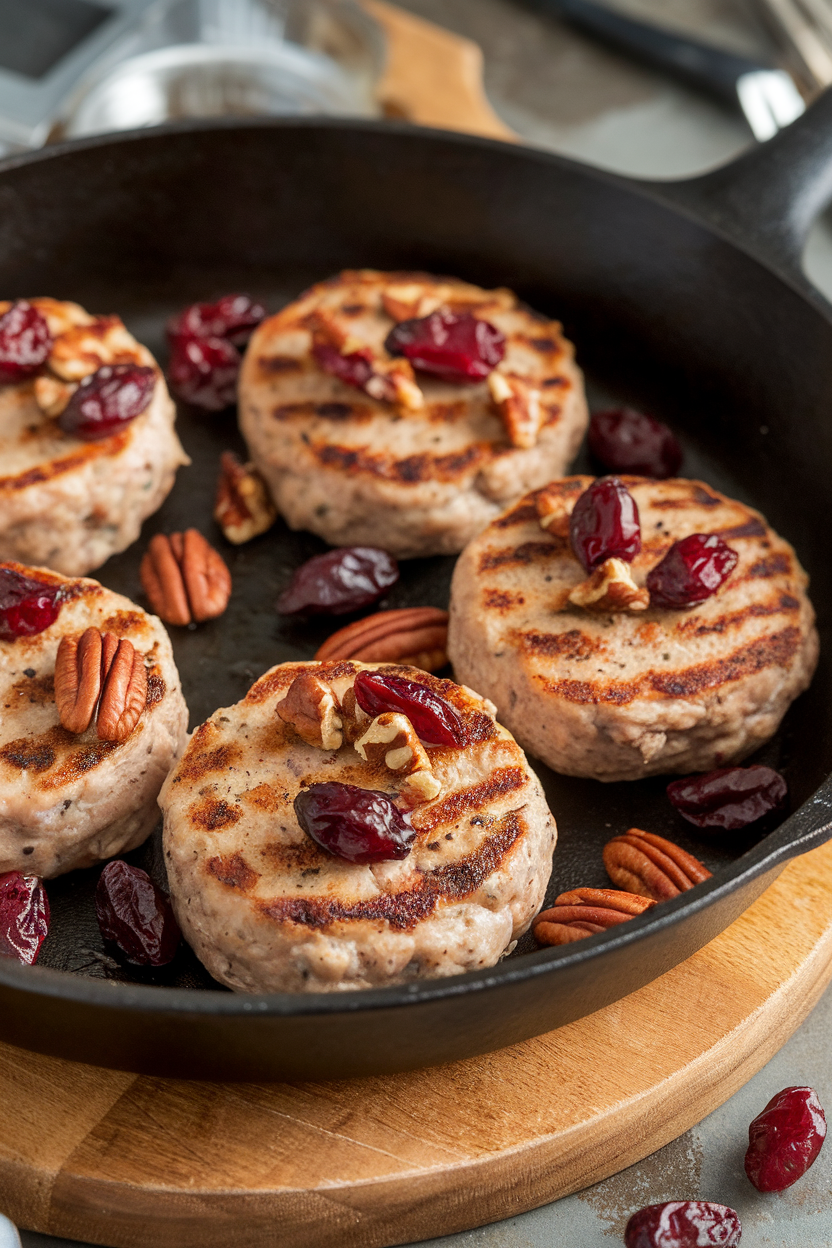 An indoor skillet with seared chicken sausage patties dotted with cranberries and pecan pieces. No text or logos. Photo, not illustration.