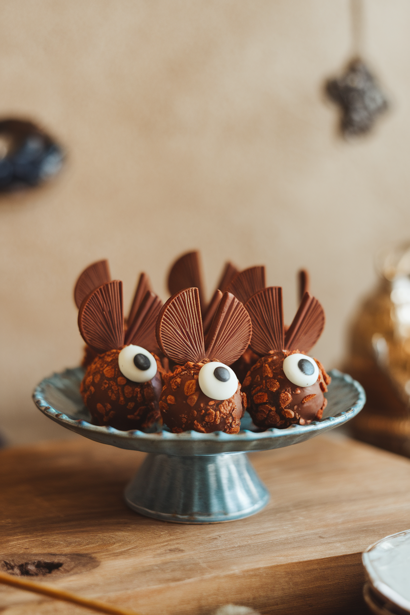 A small plate of round chocolate truffles with halved chocolate-wafer wings inserted, candy eyes on each, indoor scene, no text or logos.