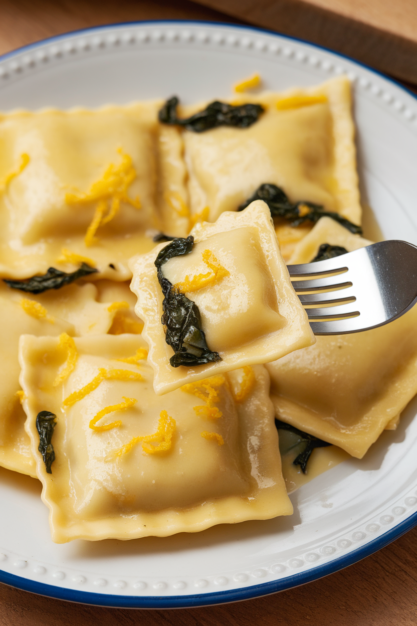 An indoor plate with large square ravioli glazed in butter, lemon zest scattered on top, and a fork twirling one piece. No text or logos present.