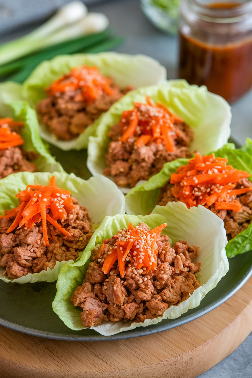 Indoor serving platter of crisp lettuce leaves filled with ground turkey cooked in teriyaki sauce, sprinkled with grated carrots and sesame seeds. No text or logos present.