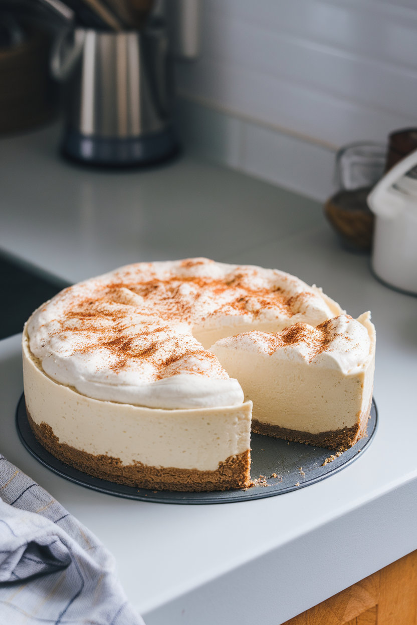 A chilled springform pan on a countertop holding a creamy eggnog cheesecake topped with grated nutmeg, slice removed to show texture. Indoor lighting, no text or logos.</Prompt