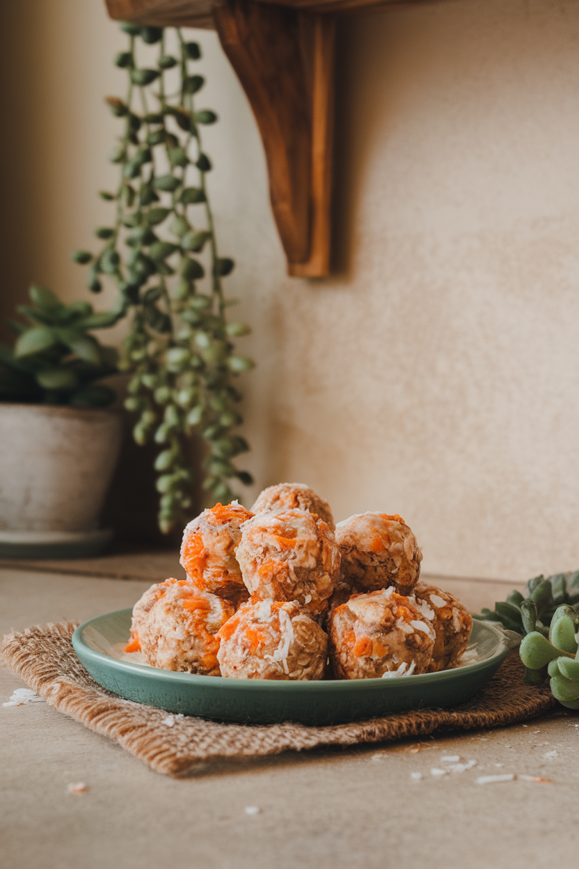 A rustic indoor countertop with a small plate of round carrot cake energy bites, flecks of grated carrot and shredded coconut visible, no text or logos. Photo.