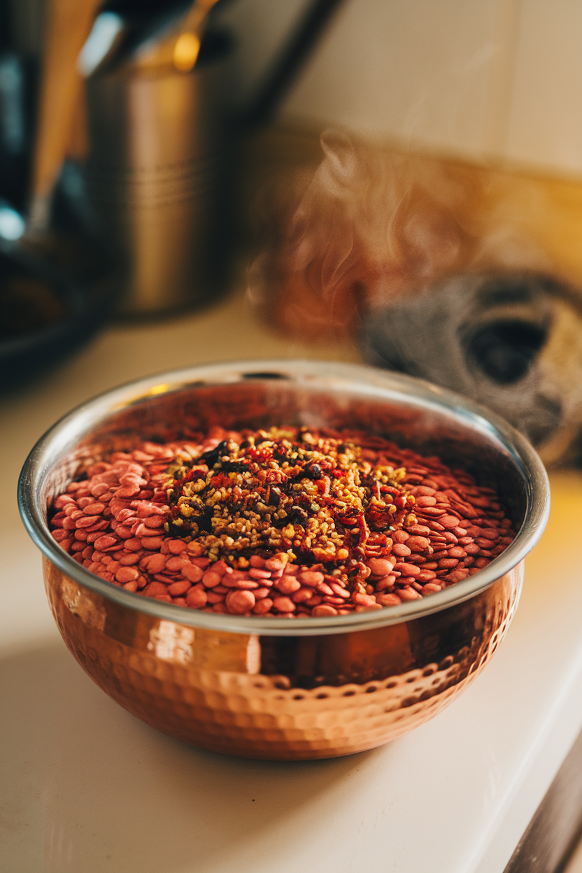 Photo prompt: An indoor countertop showing a copper bowl of cooked red lentils topped with sizzling cumin and chili tempering, steam visible. No text or logos.