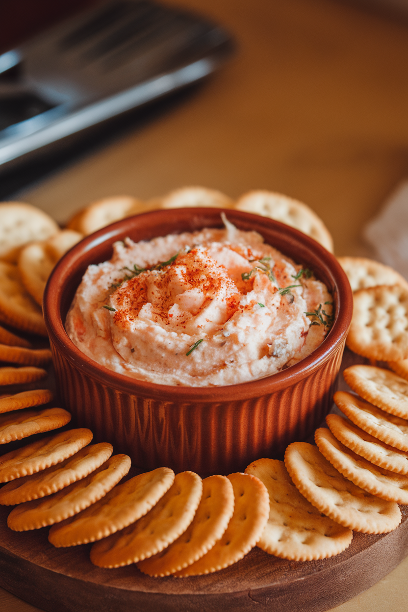 Indoor photo of a ceramic ramekin brimming with hot, creamy crab dip flecked with herbs and paprika, surrounded by butter crackers. No raw fish, no text or logos.