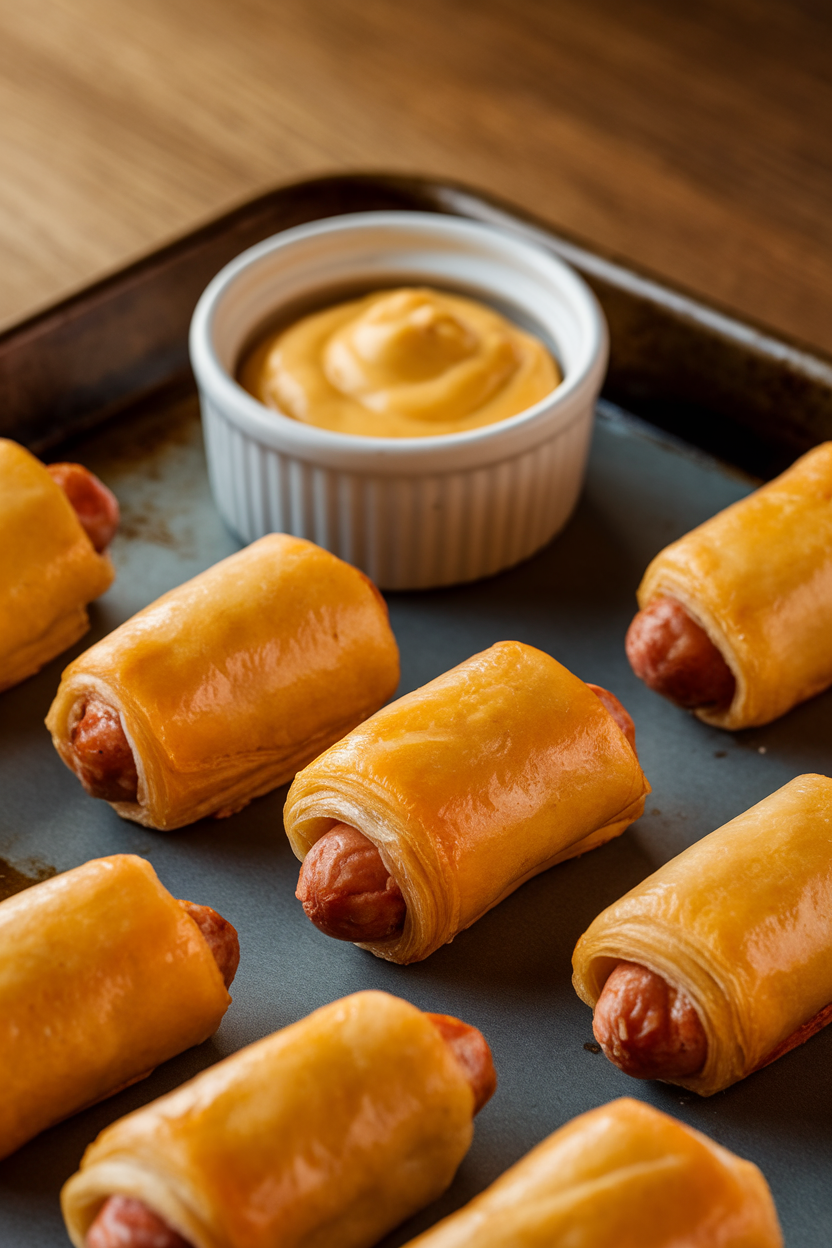 Indoor photo of golden puff-pastry wrapped mini sausages on a baking tray with a ramekin of mustard. No text or logos.
