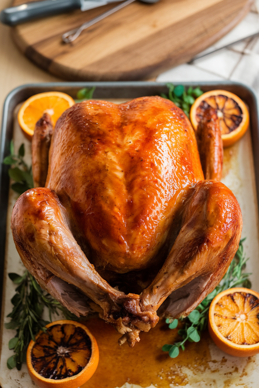 Indoor photo of a flattened, roasted turkey lacquered with orange glaze on a rimmed baking sheet, no text or logos